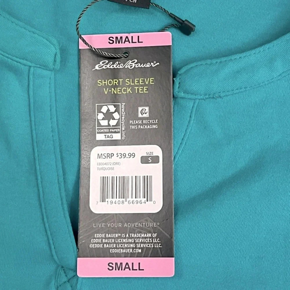 Eddie Bauer Short Sleeve V Neck Cotton Shirt Top Womens Small‎ Turquoise NWT - Picture 4 of 10